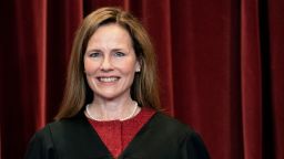 Associate Justice Amy Coney Barrett stands during a group photo at the Supreme Court in Washington, Friday, April 23, 2021. (Erin Schaff/The New York Times via AP, Pool)