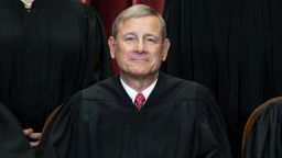 Chief Justice John Roberts sits during a group photo at the Supreme Court in Washington, Friday, April 23, 2021. (Erin Schaff/The New York Times via AP, Pool)