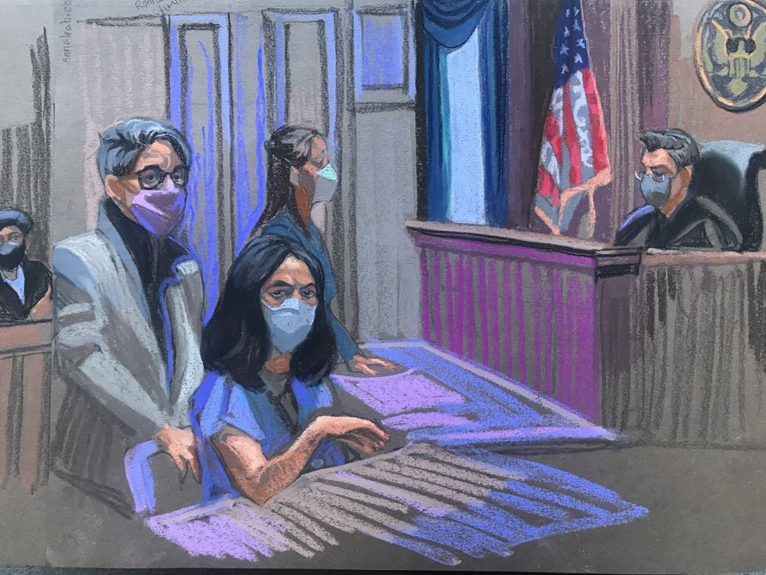 Ghislane Maxwell is pictured in a court sketch as she pleaded not guilty to sex trafficking charges in April 2021.