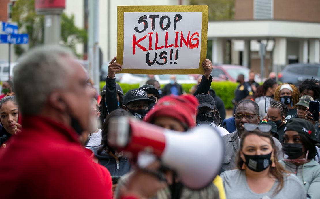 Kirk Rivers addresses demonstrators outside City Hall in Elizabeth City on Friday.