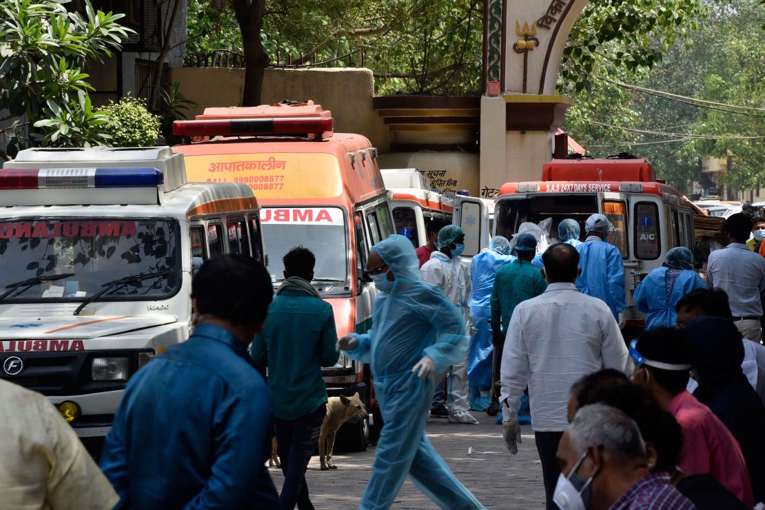 Ambulances carrying Covid-19 victims line up at Nigambodh Ghat crematorium, in New Delhi, India, on April 23.