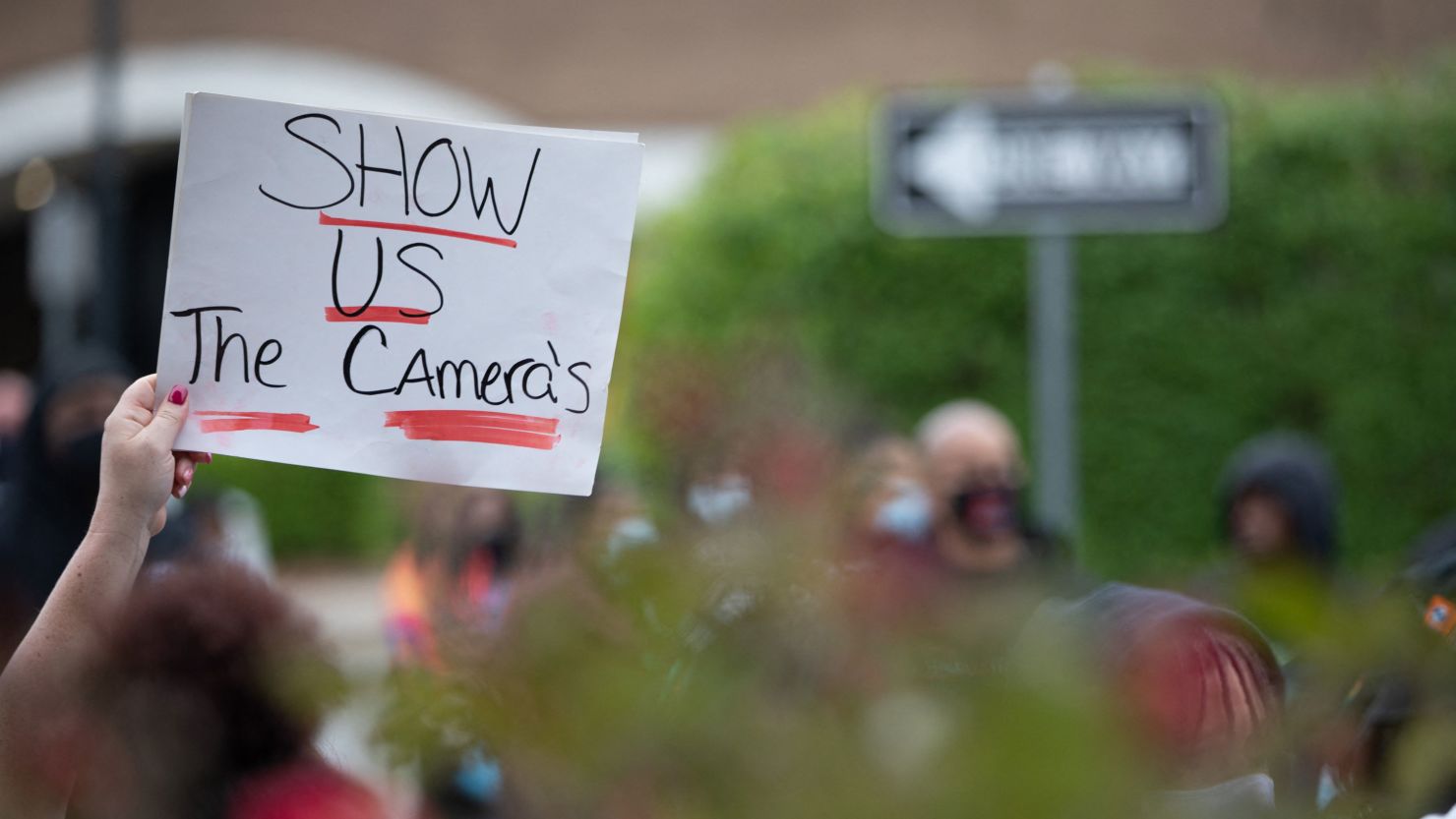 Protestors rally in front of the city municipal building calling for the release of body camera footage of the police killing of Andrew Brown Jr. in Elizabeth City, North Carolina.