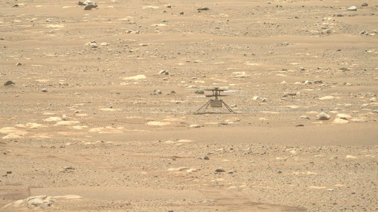 This image of Ingenuity, captured by the rover's Right Mastcam-Z camera, shows the helicopter safely sitting on the surface of Mars.