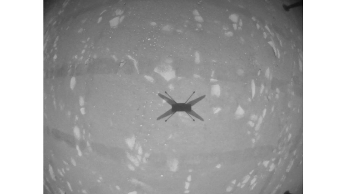 Ingenuity's navigation camera took this image of the helicopter shadow in flight on Sunday.