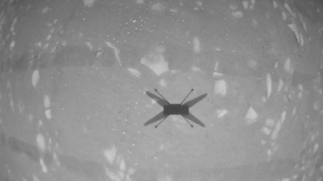 Ingenuity's navigation camera took this image of the helicopter shadow in flight on Sunday.