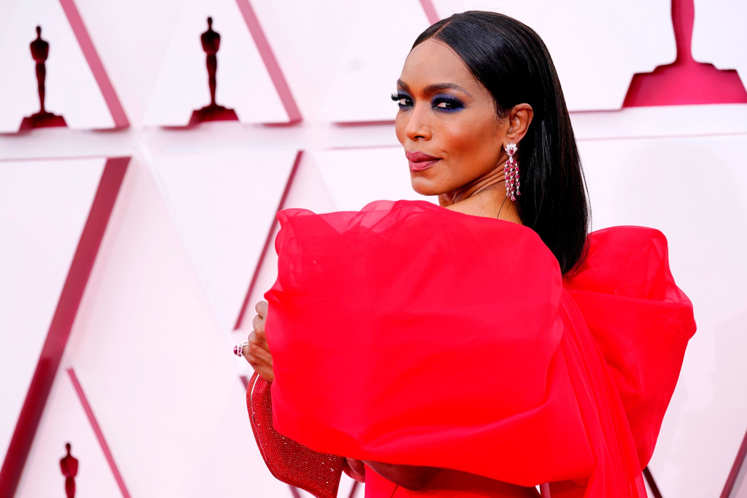 Angela Bassett walks the Oscars red carpet outside Union Station in Los Angeles. Bassett voiced one of the characters in "Soul," which won the Oscar this year for best animated feature film.