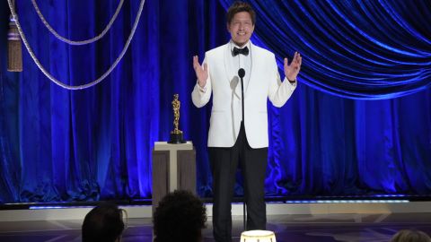 Director Thomas Vinterberg accepts the Oscar for best international feature film, which went to his film "Another Round." He said this was "beyond anything I could ever imagine -- except this is something I've always imagined, since I was 5."