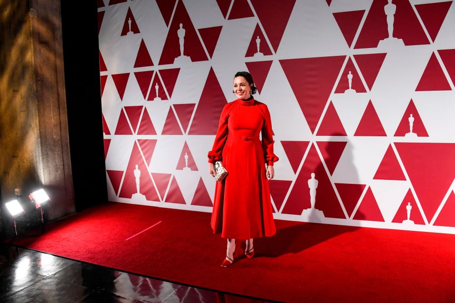 Los Angeles wasn't the only place with an Oscars red carpet. Here, actress Olivia Colman poses in London.