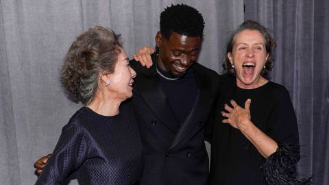A trio of Oscar winners -- from left, Yuh-jung Youn, Daniel Kaluuya and Frances McDormand -- pose together in the press room. Youn won best supporting actress for her role in "Minari." Kaluuya won best supporting actor for his role in "Judas and the Black Messiah." And McDormand won best actress for "Nomadland."