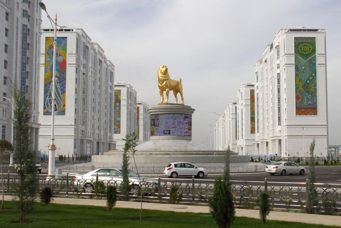 A statue of an Alabai dog in Turkmenistan's capital.