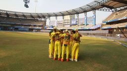 Chennai Super Kings players make a huddle before the start of the match 19 of the Vivo Indian Premier League 2021 between the Chennai Super Kings and the Royal Challengers Bangalore held at the Wankhede Stadium Mumbai on the 25th April 2021.