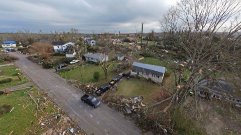 Aerial drone view shows damage to homes from a tornado on March 26, 2021 in Newnan, Georgia. An EF-4 tornado was reported passing through the area.