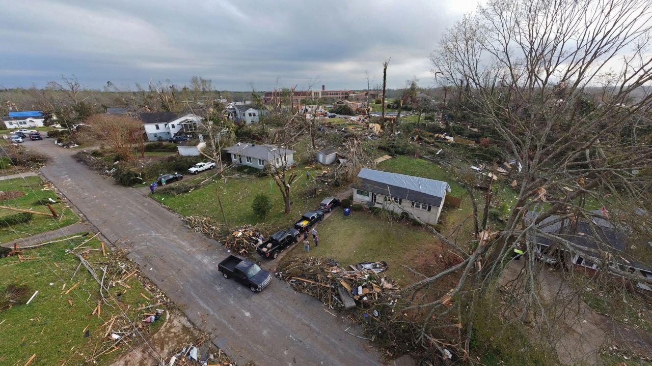 Homes damaged by a tornado are seen on March 26, 2021, in Newnan, Georgia.