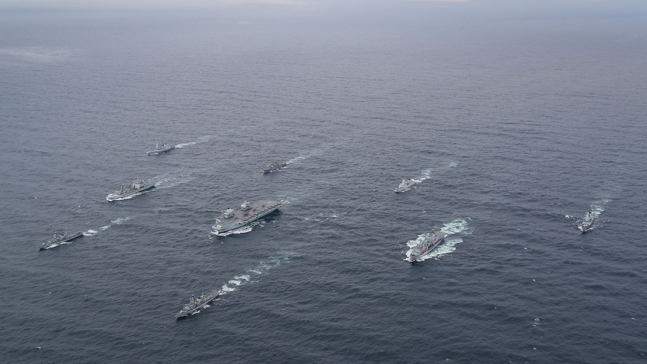 The full UK Carrier Strike Group assembled for the first time during Group Exercise 2020 in October. The aircraft carrier HMS Queen Elizabeth leads a flotilla  from the UK, US and the Netherlands.