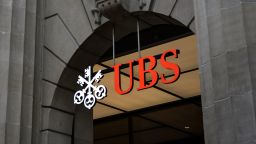 This photograph taken on March 3, 2021 in Zurich shows a sign of Swiss banking giant UBS on their headquarters. (Photo by Fabrice COFFRINI / AFP) (Photo by FABRICE COFFRINI/AFP via Getty Images)