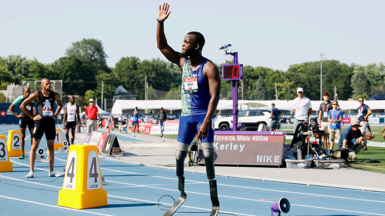 In this July 27, 2019 file photo, Blake Leeper waves to the crowd before the men's 400-meter race at the U.S. Championships athletics meet, in Des Moines, Iowa. 