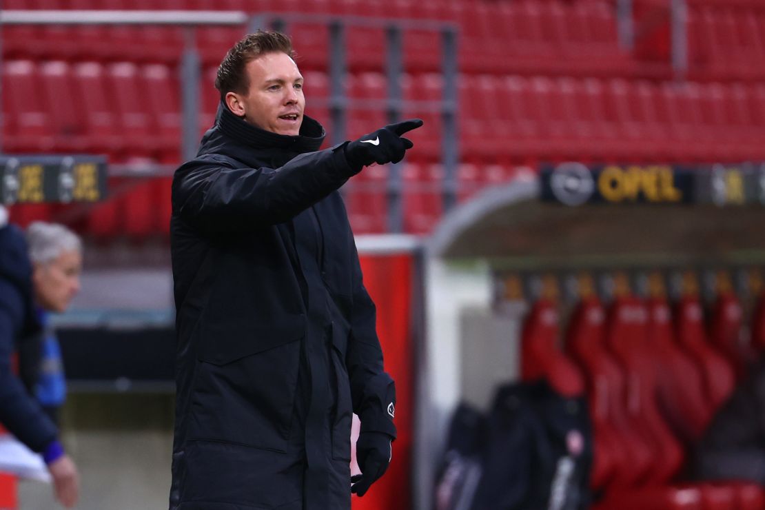Leipzig's German headcoach Julian Nagelsmann reacts during the German first division Bundesliga football match between 1 FSV Mainz 05 and RB Leipzig in Mainz, western Germany, on January 23, 2021.
