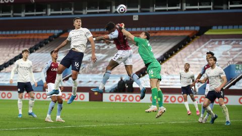 Manchester City's Rodrigo scores against Aston Villa.
