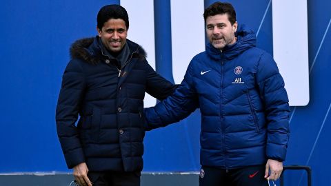PSG president Nasser Al Khelaïfi poses with head coach Mauricio Pochettino, who was appointed earlier this season.