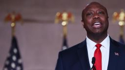 U.S. Sen. Tim Scott (R-SC) stands on stage in an empty Mellon Auditorium while addressing the Republican National Convention at the Mellon Auditorium on August 24, 2020 in Washington, DC. 