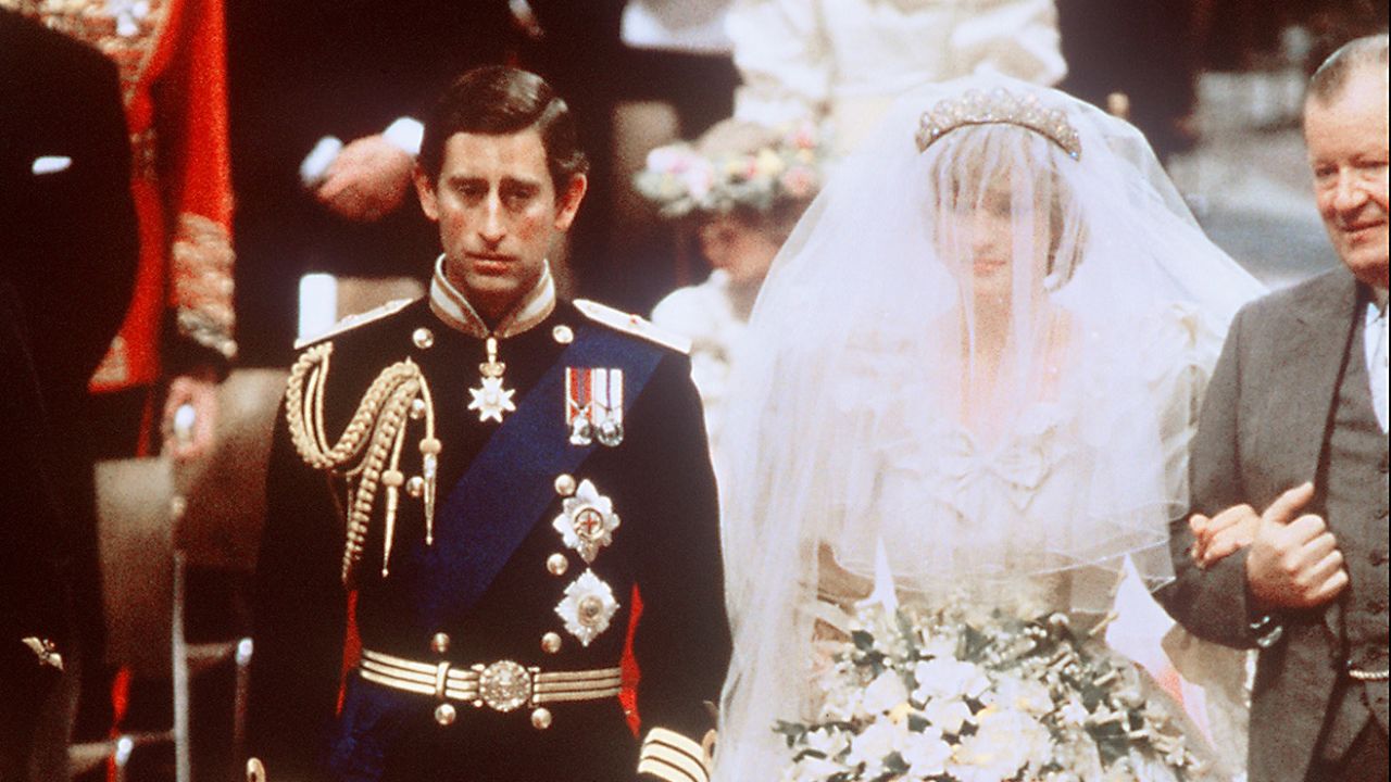 Diana, Princess of Wales, with Prince Charles of Wales at their wedding at St Paul Cathedral in London in 1981. 