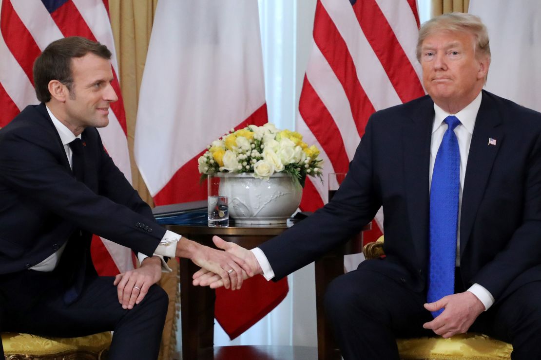 Former US President Donald Trump, right,  and French President Emmanuel Macron in London on December 3, 2019, for a meeting of leaders from the transatlantic security and political alliance NATO.