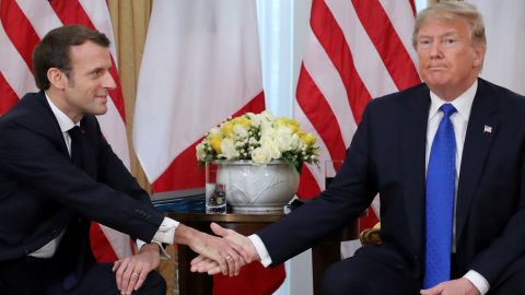 Former US President Donald Trump, right,  and French President Emmanuel Macron in London on December 3, 2019, for a meeting of leaders from the transatlantic security and political alliance NATO.