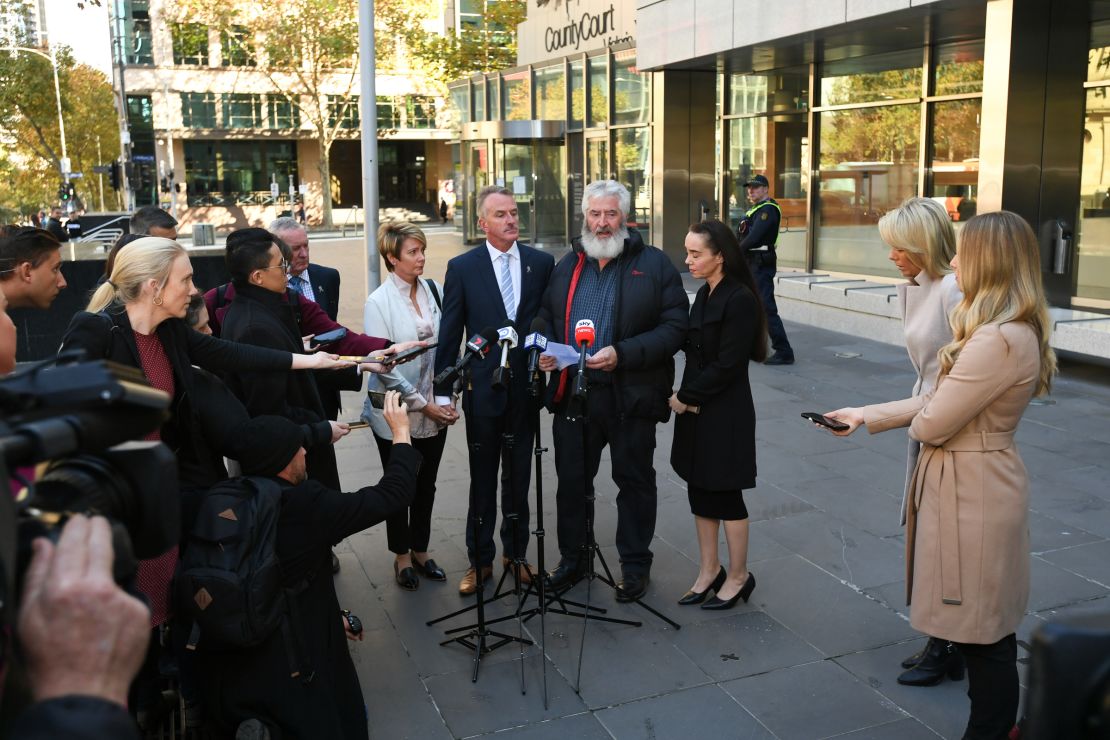 Family members of the four dead police officers during a press conference outside the County Court of Victoria in Melbourne on April 28.
