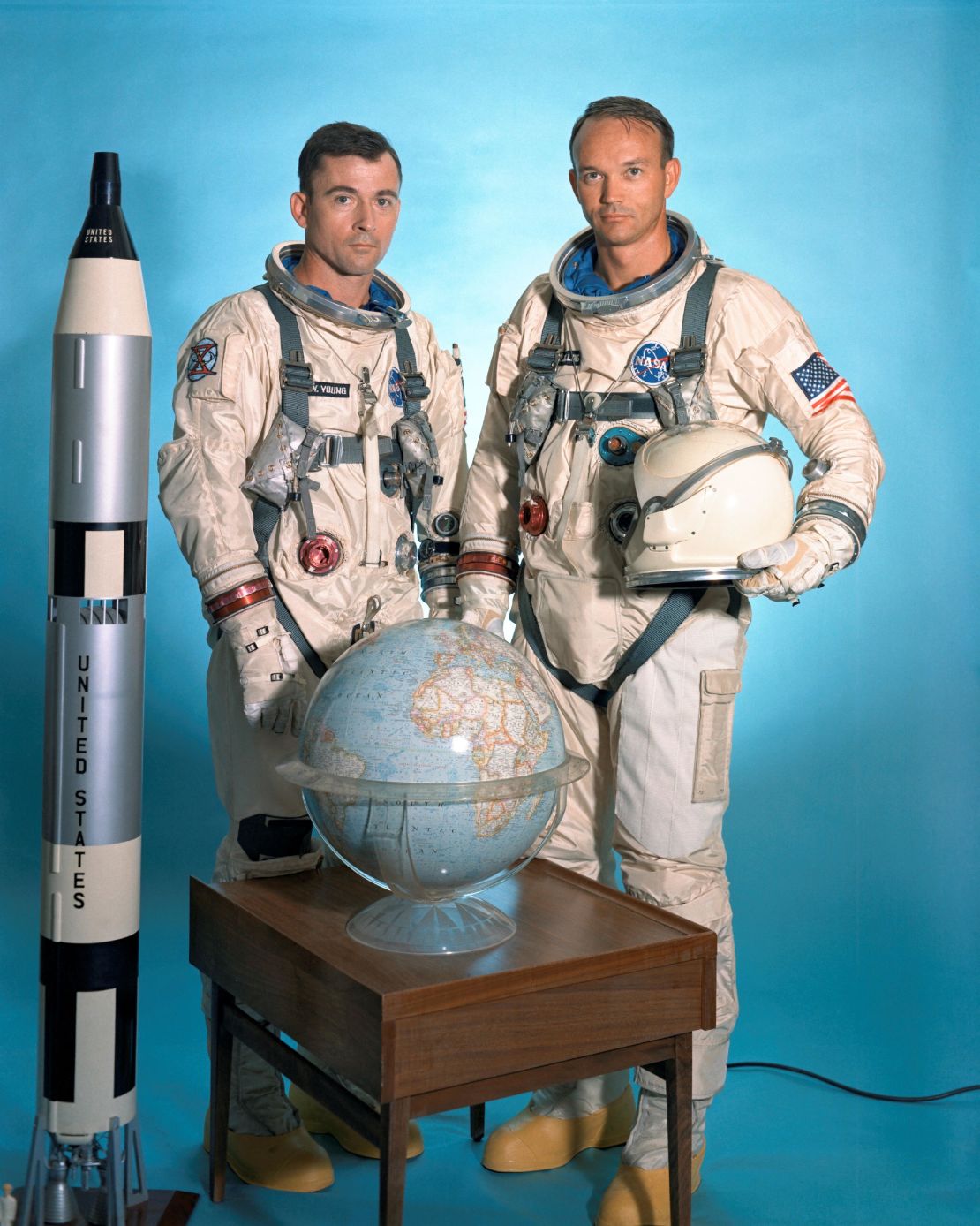 The Gemini X prime crew was made up of astronauts John W. Young (left), command pilot, and Michael Collins, pilot.