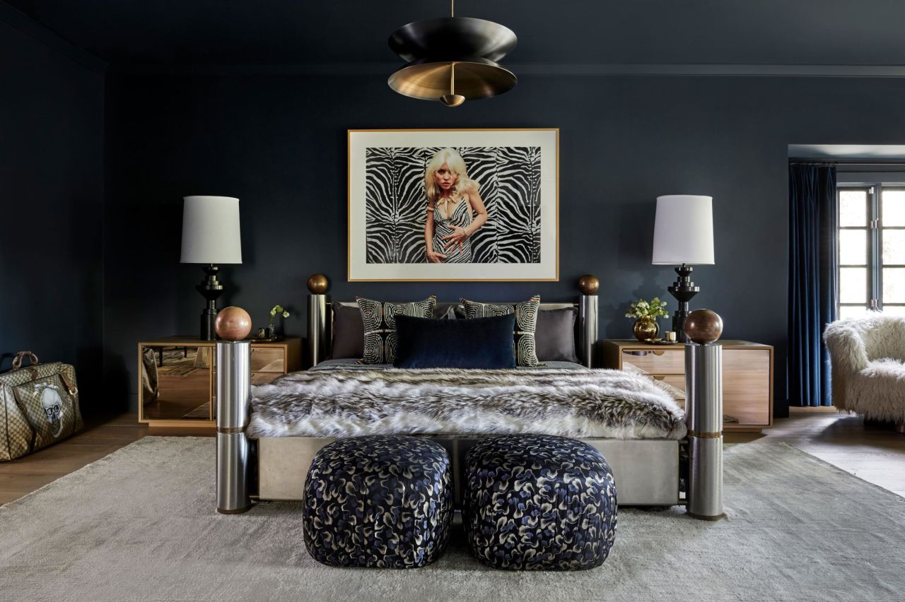 The bedroom is one of the more subdued spaces in Miley Cyrus' LA home.