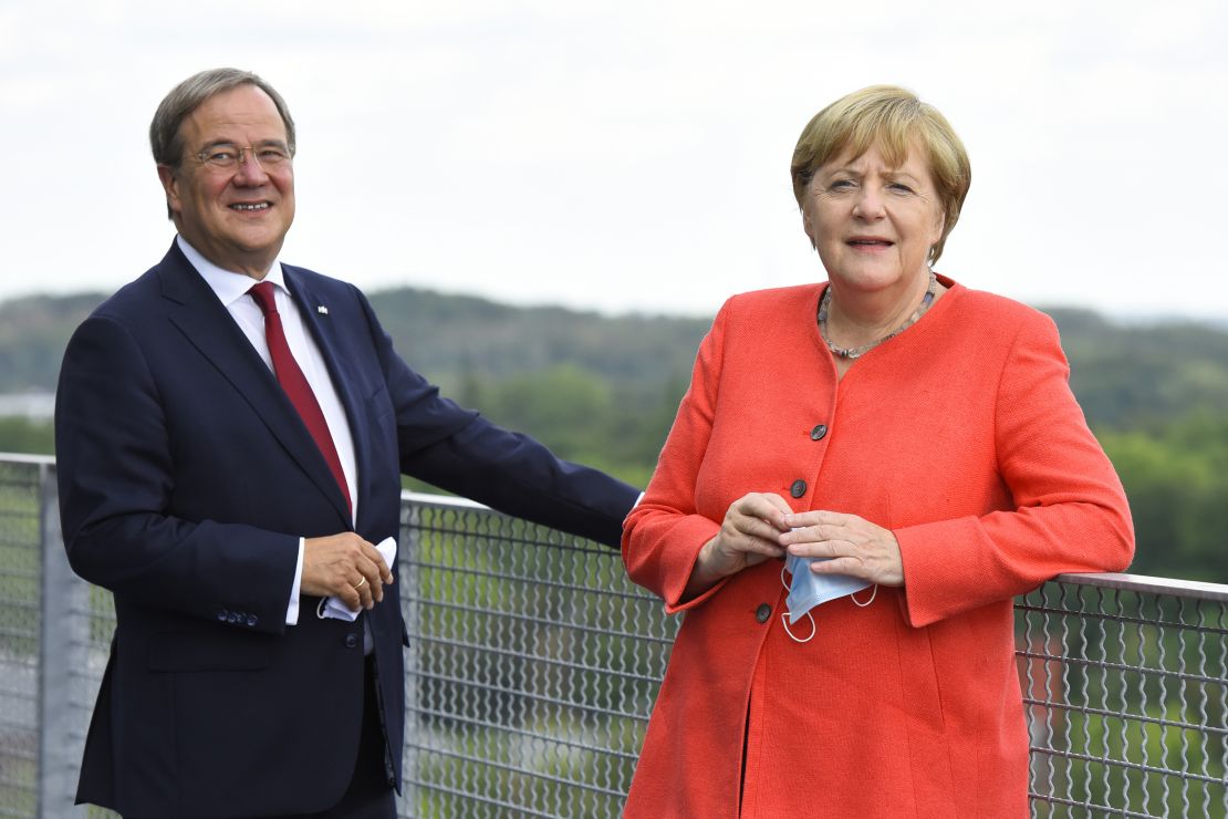 North Rhine-Westphalia Governor, Armin Laschet, and  German Chancellor, Angela Merkel, visit a former coal mine in August 2020. 