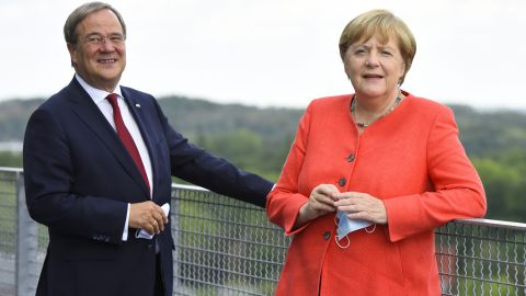 North Rhine-Westphalia Governor, Armin Laschet, and  German Chancellor, Angela Merkel, visit a former coal mine in August 2020. 