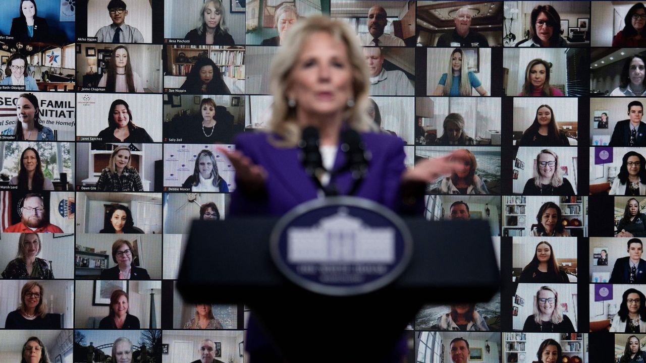 Biden, seen here speaking about military families during a virtual event, is her own first lady with her own mission. 