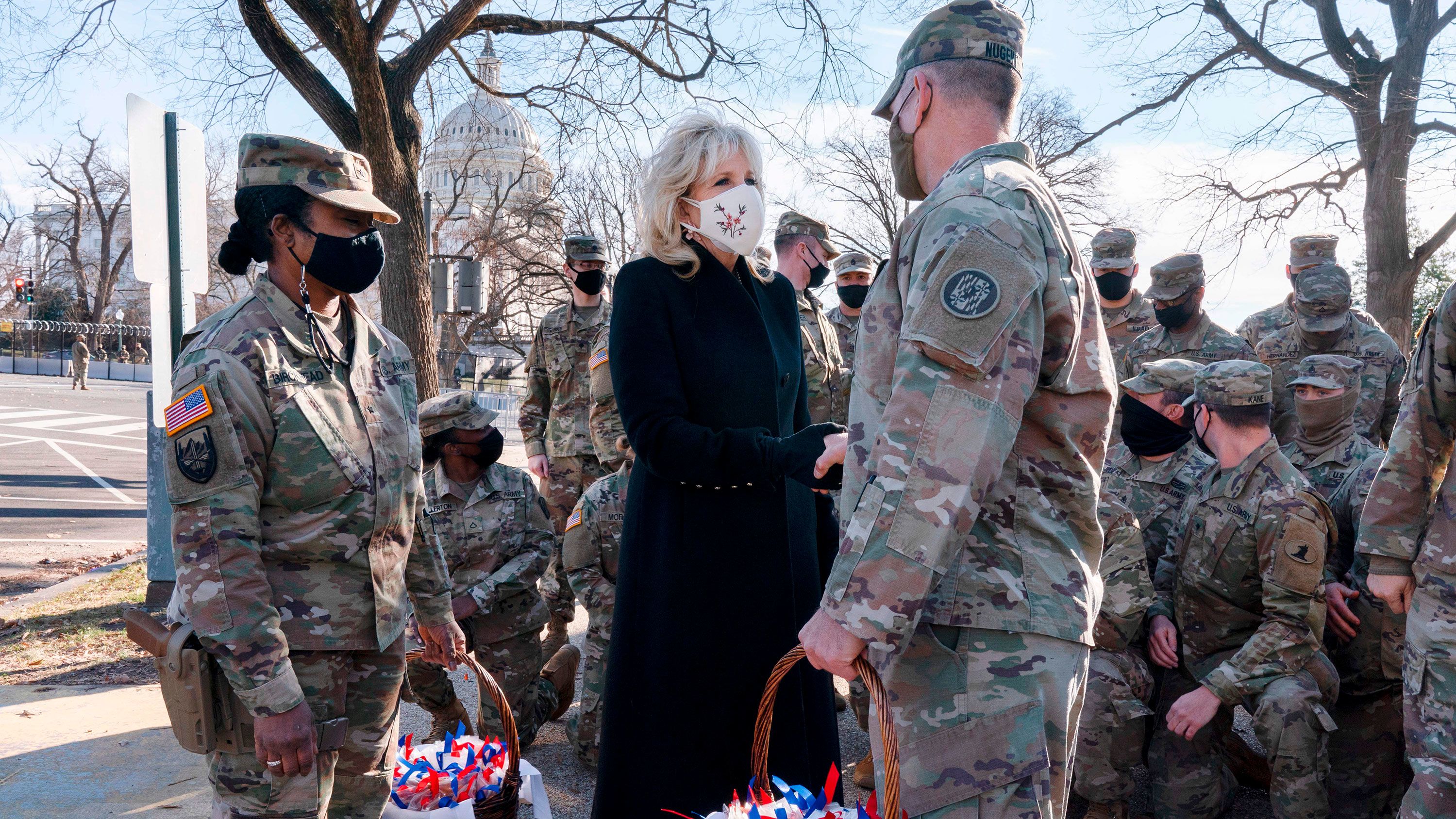 First lady Jill Biden greets members of the National Guard with chocolate chip cookies outside the Capitol on January 22, 2021, in Washington, DC.