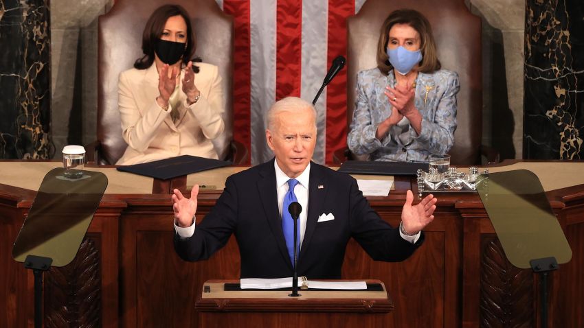 U.S. President Joe Biden addresses a joint session of congress as Vice President Kamala Harris (L) and Speaker of the House U.S. Rep. Nancy Pelosi (D-CA) (R) look on in the House chamber of the U.S. Capitol April 28, 2021 in Washington, DC.