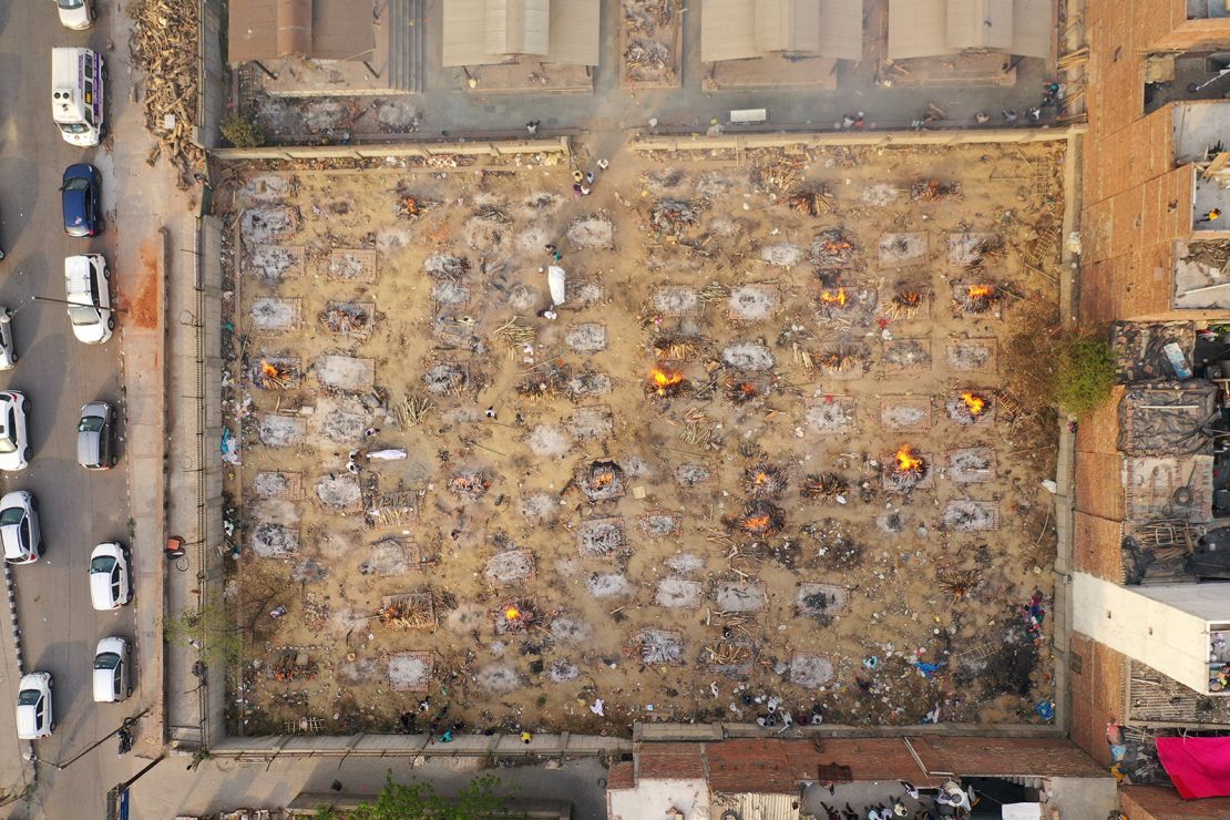 An aerial image of a crematorium in New Delhi, India, on April 29.