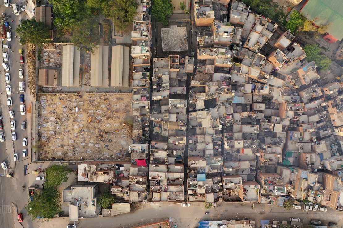 An aerial view of the Seemapuri crematorium on April 29.