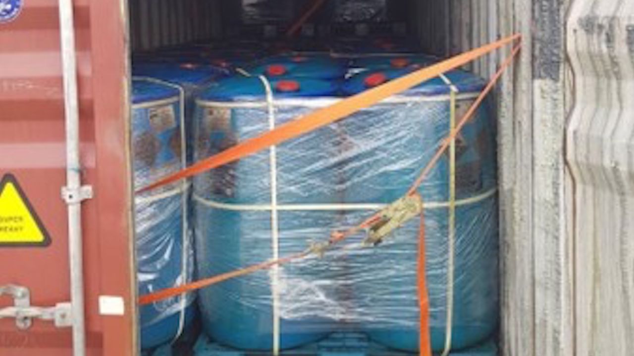 The shipping container held 72 tons of propionyl chloride when it was seized in Laos.