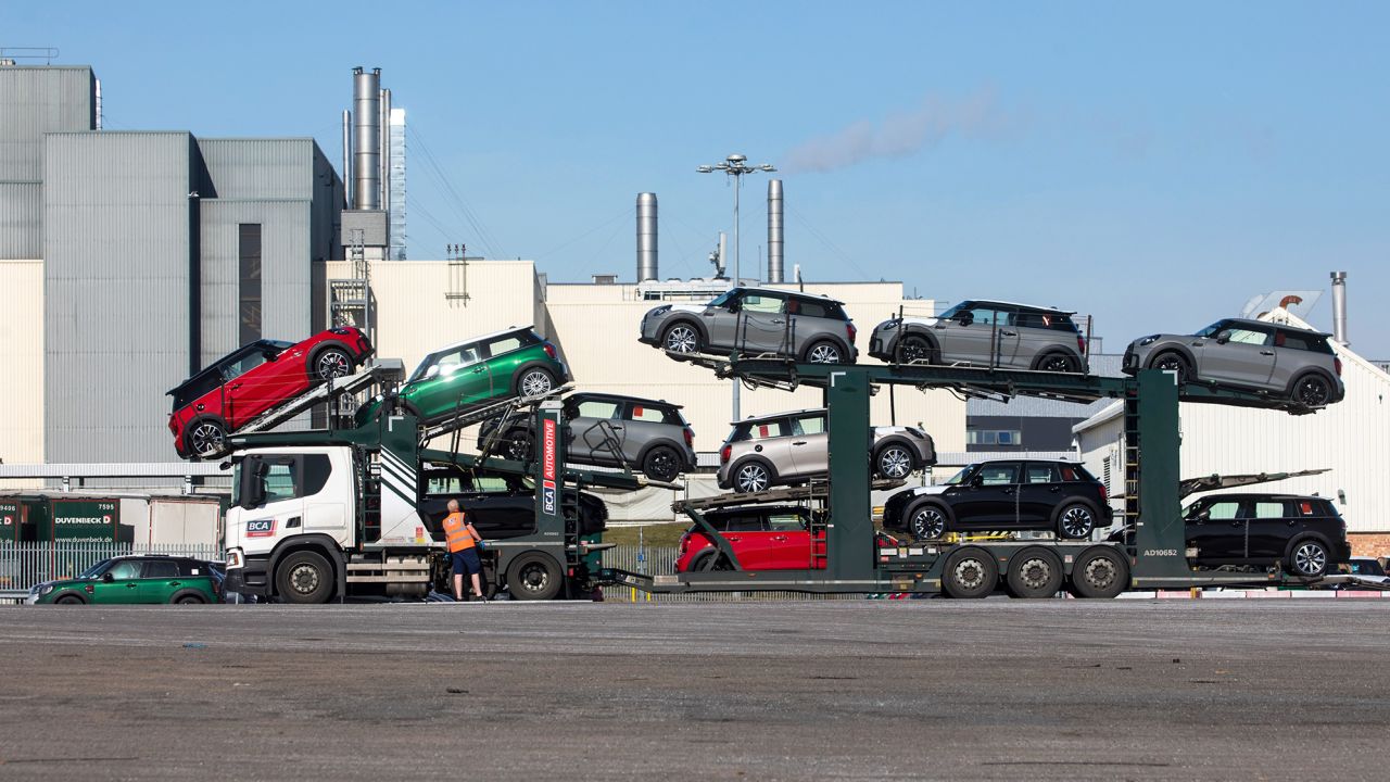 Finished Mini automobiles at Mini's final assembly plant in Cowley near Oxford, United Kingdom.