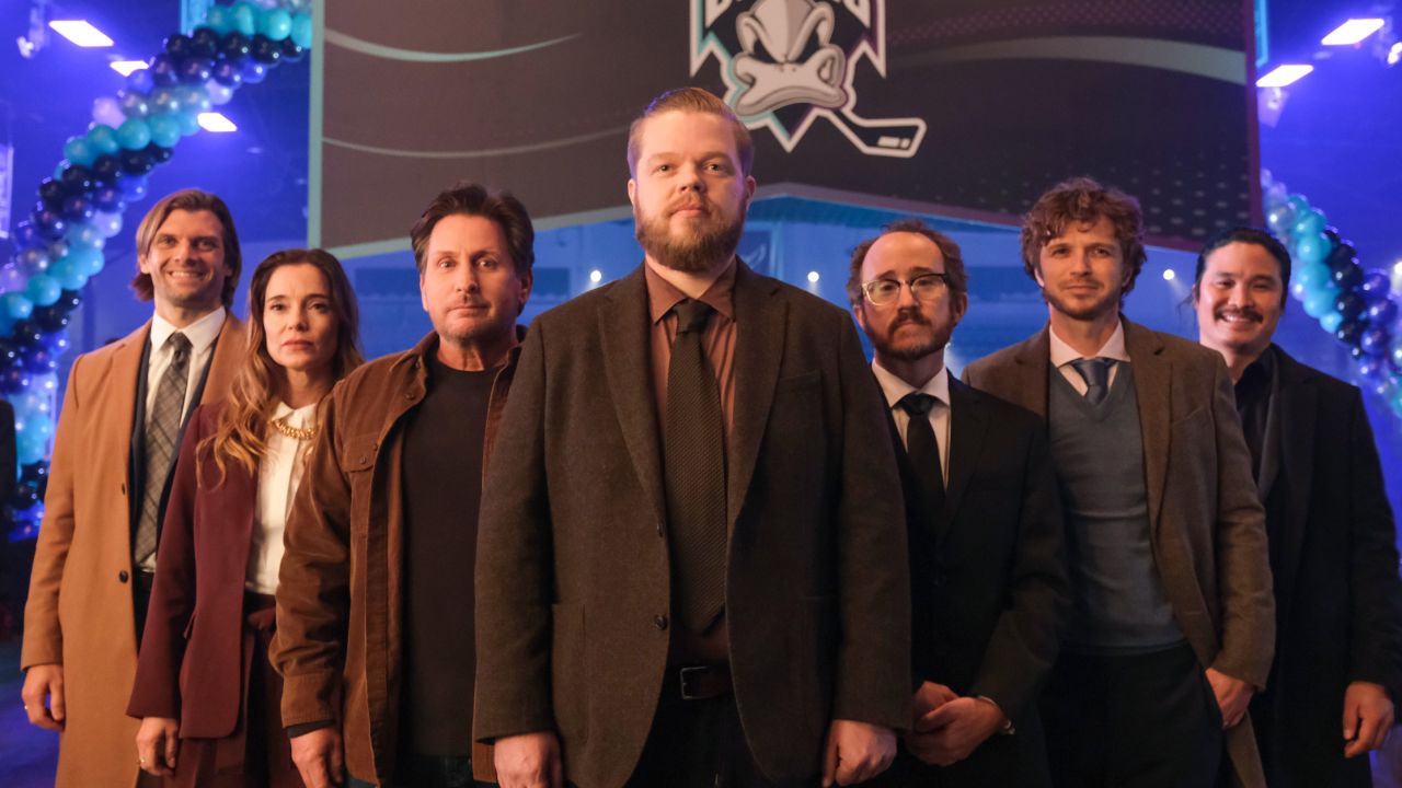 Vincent Larusso, Marguerite Moreau, Emilio Estevez, Elden Henson, Matt Doherty, Garette Henson, Justin Wong in an episode of "Mighty Ducks: Game Changers," which reunites members of the original Ducks lineup.