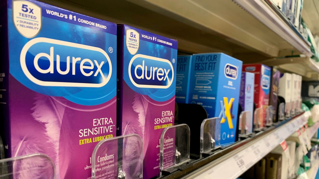 Durex condoms on display in a retail store aisle in Arlington, VA, on August 29, 2020.