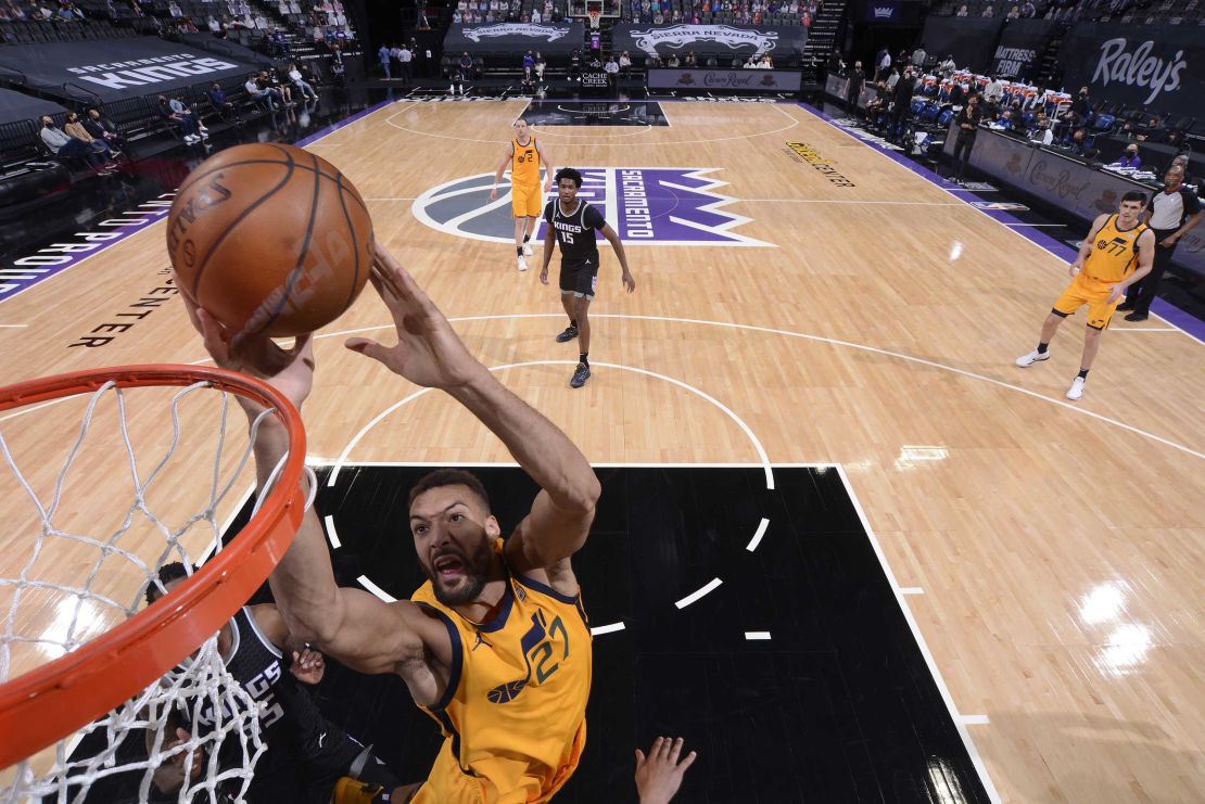 Rudy Gobert of the Utah Jazz shoots during the game against the Sacramento Kings.