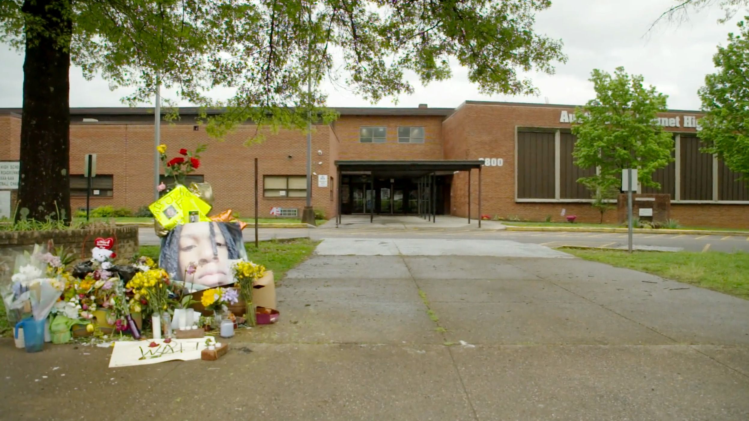 A memorial for Anthony Thompson Jr. outside the school where he was fatally shot by police.