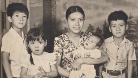 Long Trieu, Nina Trieu Tarnay, Tina Bui Trieu holding Quang Trieu, Mason Phuoc Trieu in 1976 in a photo taken while the author's father was imprisoned.