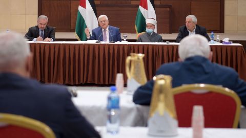 Mahmoud Abbas makes a speech on as he attends the Palestinian Leaders Meeting in Ramallah, West Bank on April 29, 2021.