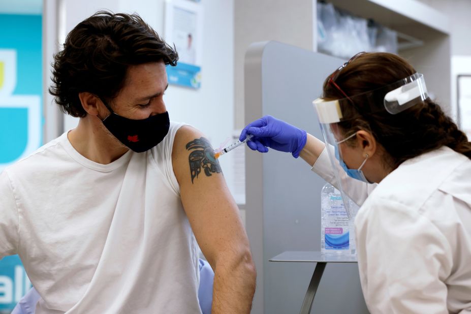 Canadian Prime Minister Justin Trudeau receives a Covid-19 vaccine at a pharmacy in Ottawa on April 23.