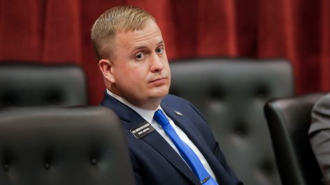 State Rep. Aaron von Ehlinger listens as an accuser identified as Jane Doe offers testimony during a hearing before the Idaho Ethics and House Policy Committee, Wednesday, April 28, 2021, at the Idaho statehouse in Boise.