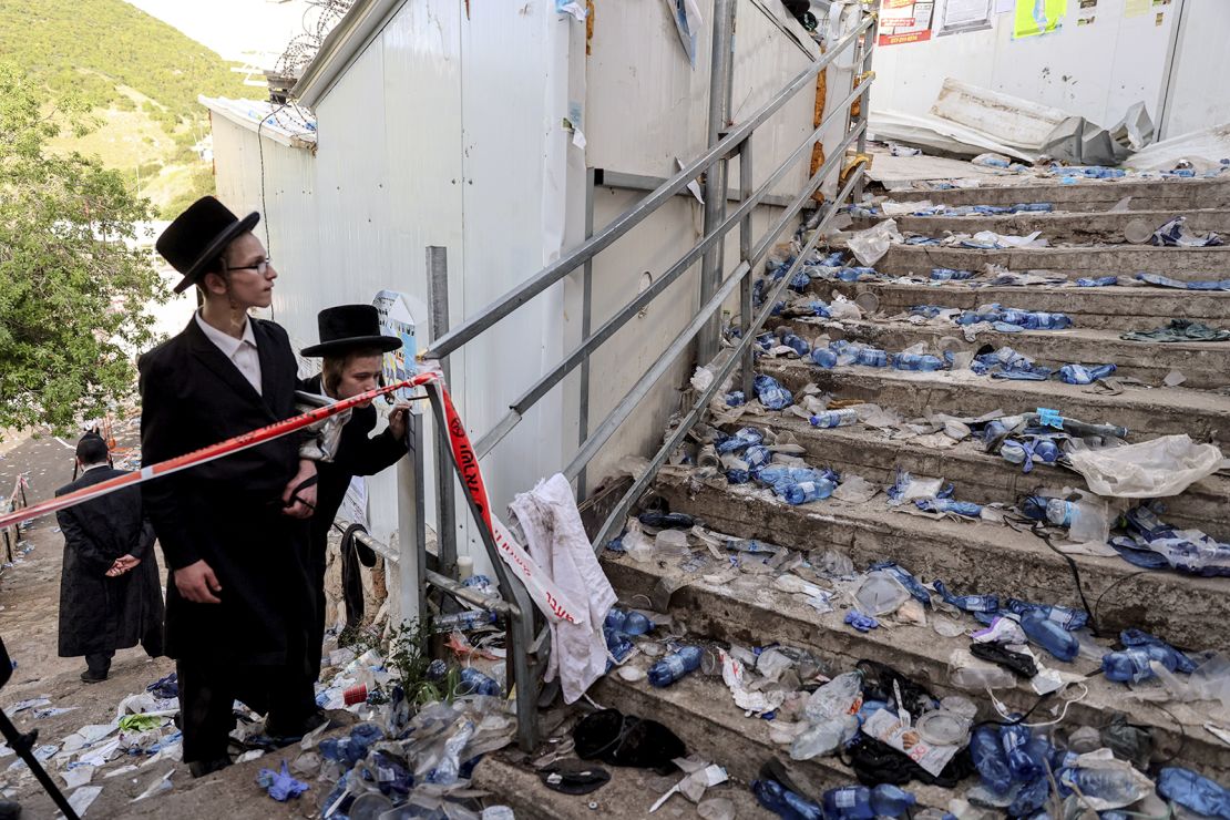 Ultra-Orthodox Jews beside stairs Friday on Mount Meron.