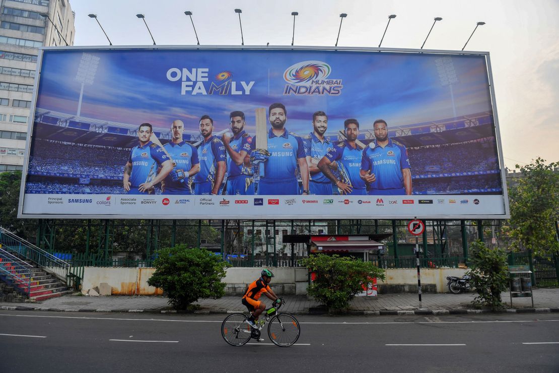 A hoarding displays players from the Mumbai Indians.