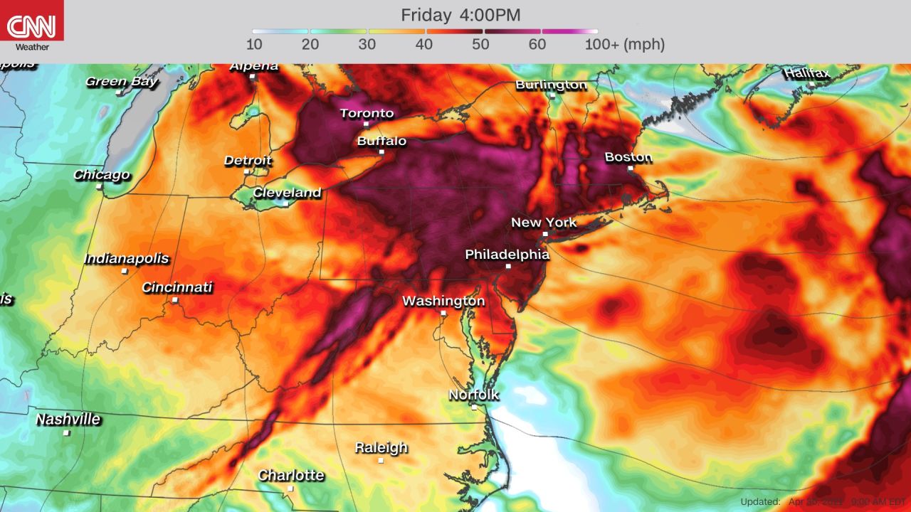 Forecast wind gusts Friday afternoon